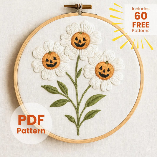 Jack O' Lantern Daisies Embroidery Pattern: Playful Halloween Needlework (PDF Pattern)