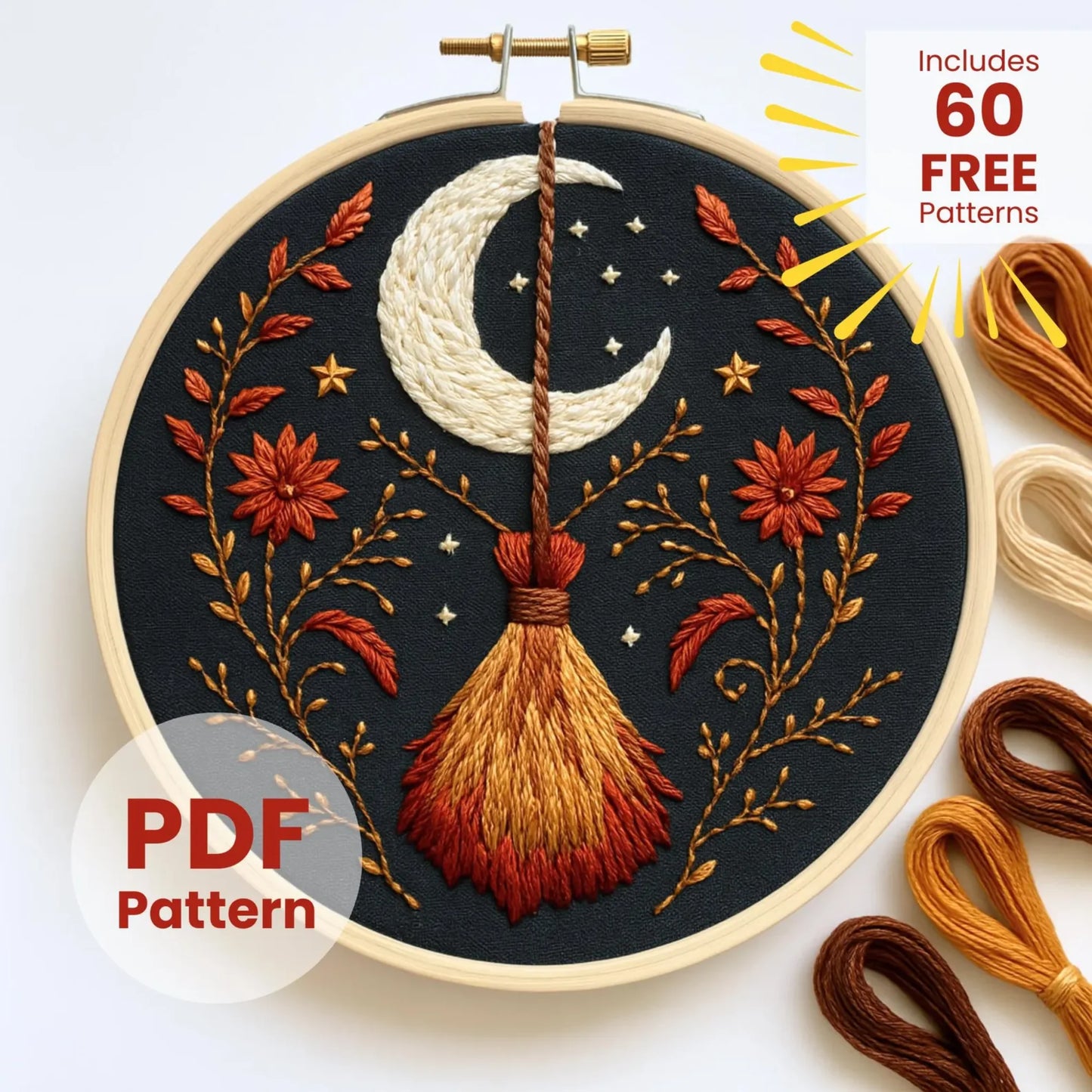 Witch Broom and Moon, Hand Embroidery Pattern, Witchy Embroidery Pattern, Halloween crafts, Embroidery Pattern PDF pattern, Digital Download