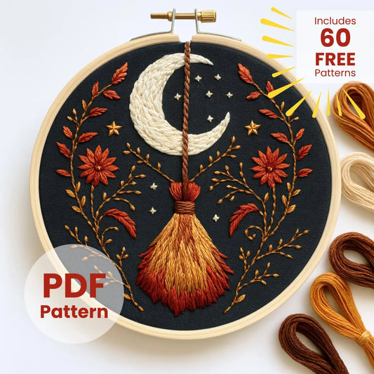 Witch Broom and Moon, Hand Embroidery Pattern, Witchy Embroidery Pattern, Halloween crafts, Embroidery Pattern PDF pattern, Digital Download