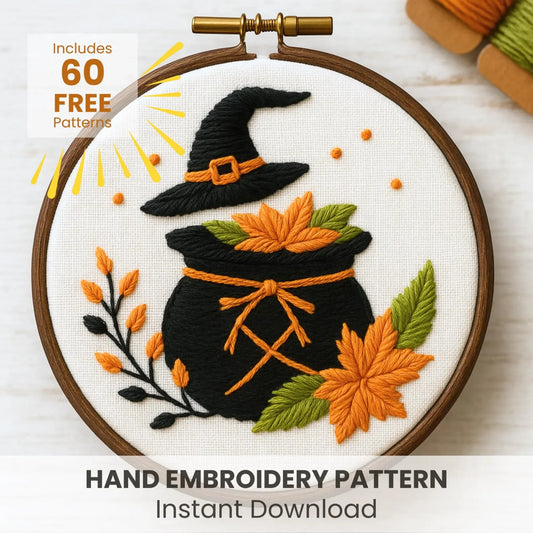 Witch cauldron Embroidery, Hand Embroidery, Embroidery Art, halloween decor, fall decor, Floral Cauldron, Autumn crafts, Halloween Pattern