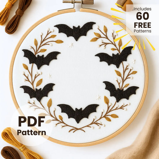 Bats Wreath Hand Embroidery Pattern: Halloween Witchy Design (PDF Pattern)