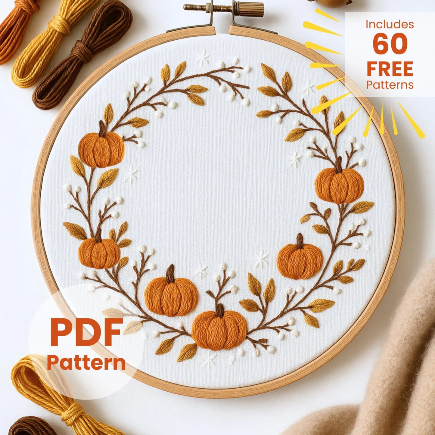 Pumpkins Wreath Hand Embroidery Pattern: Autumn Witchy Design (DIY PDF) + 60 FREE Patterns