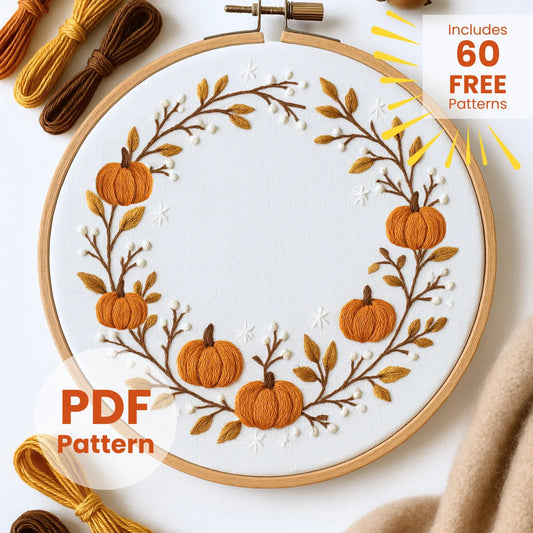 Pumpkins Wreath Hand Embroidery Pattern: Autumn Witchy Design (DIY PDF) + 60 FREE Patterns