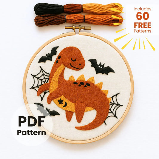 Brontosaurus embroidery pattern PDF, spooky bats and webs, beginner hoop art, digital design, kids wall decor, fall holiday dinosaur motif