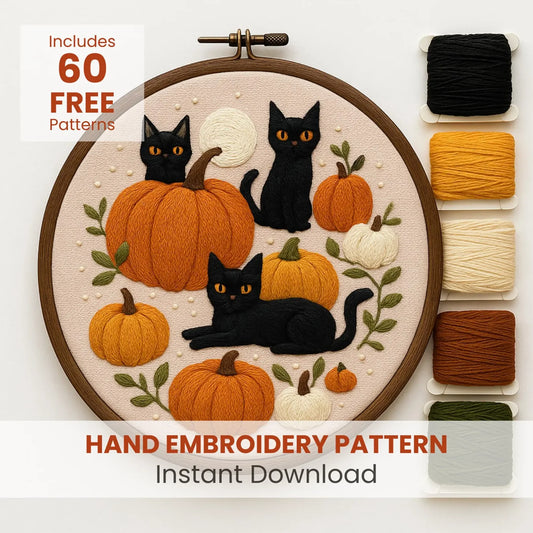 Cat Halloween Embroidery Pattern: Spooky Pumpkins Decor (PDF Pattern)