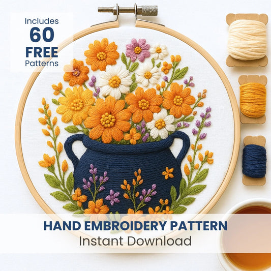 Witch Cauldron Hand Embroidery Pattern, Floral Hand Embroidery Design, Autumn Hand Embroidery Sampler, Witch cauldron design, Autumn Pattern