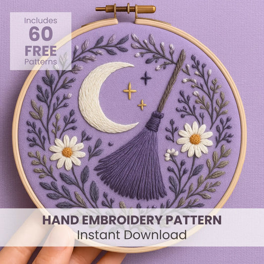 Floral Witch Broom and Moon Hand Embroidery Pattern: Witchy Embroidery Pattern, Halloween crafts, Instant Download