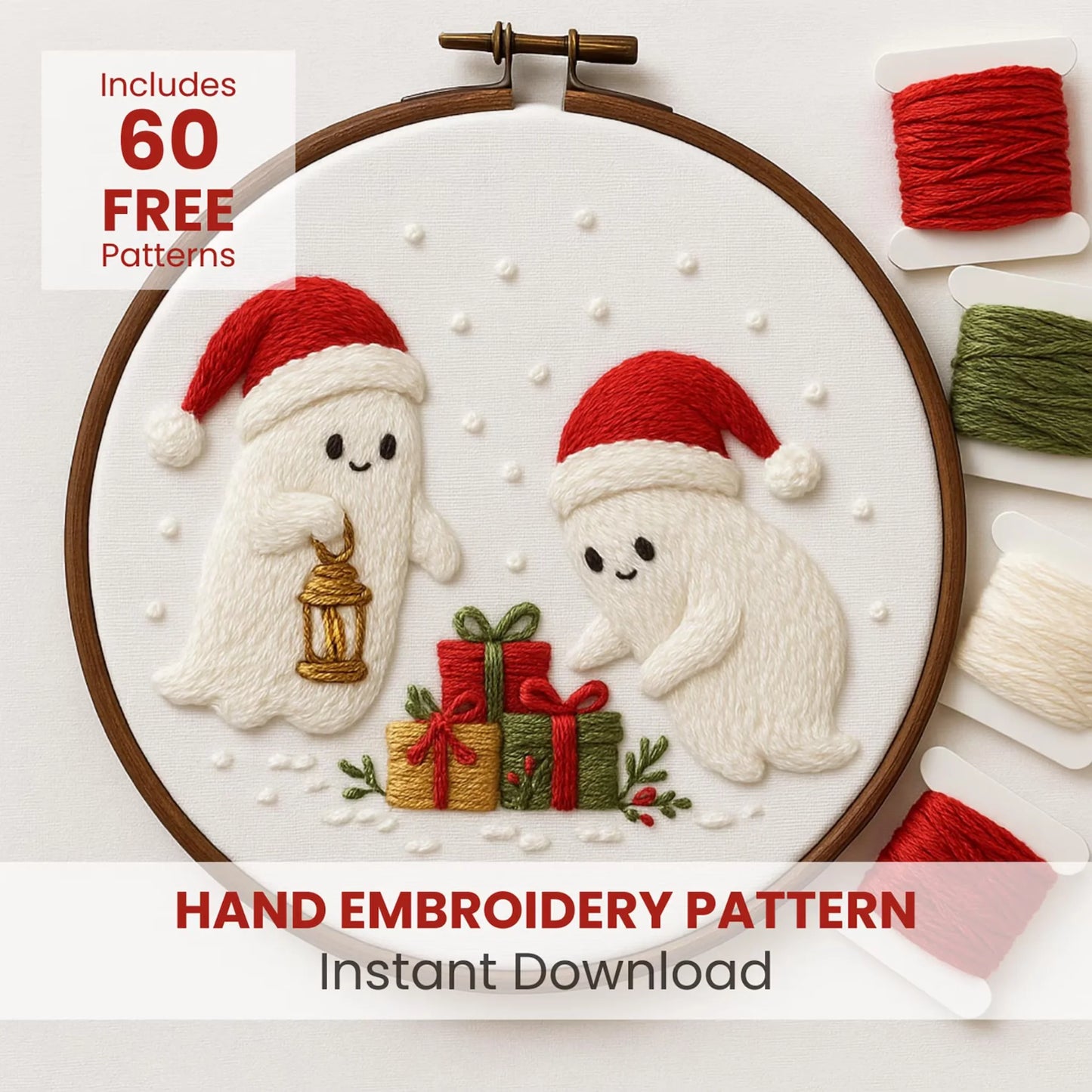 Cozy Christmas Ghosts Hand Embroidery Pattern: Holiday Stitch, idea gift (PDF Pattern)