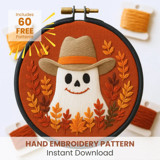Retro Cowboy Ghost Hand Embroidery, Autumn crafts, Cute Ghost Pattern, Halloween Pattern, Cowboy Pattern, Hand Embroidery, Halloween decor
