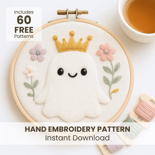 Cute Queen Ghost Embroidery Template – Witchy Halloween PDF Pattern for Beginners | Modern Hand Embroidery Digital Download (6 Sizes + Free 60 Bonus Designs)