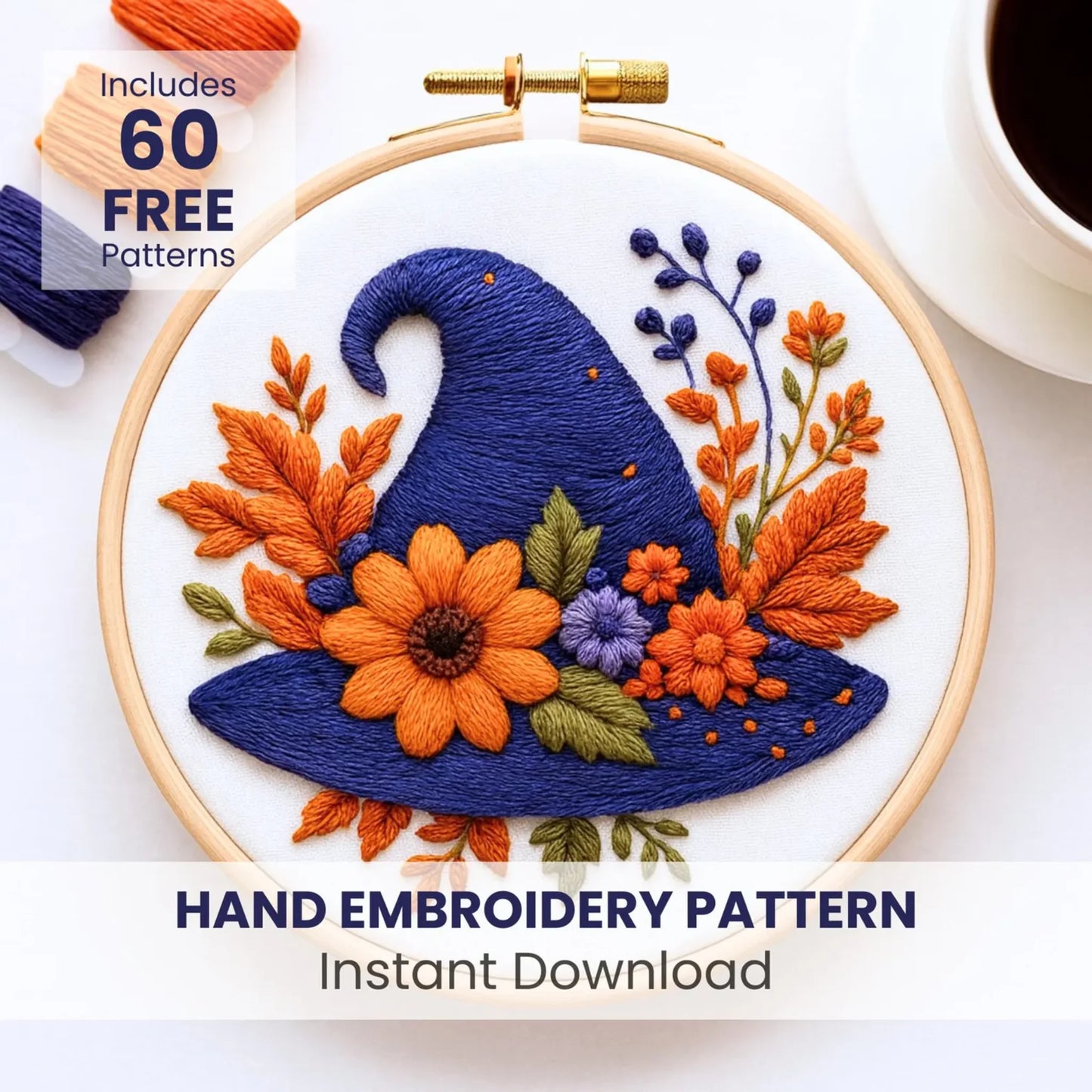 Witchy Hat Embroidery Pattern,PDF Template, Floral Witch Hat Embroidery, Spooky Embroidery Design, Halloween Embroidery, Handmade Wall decor
