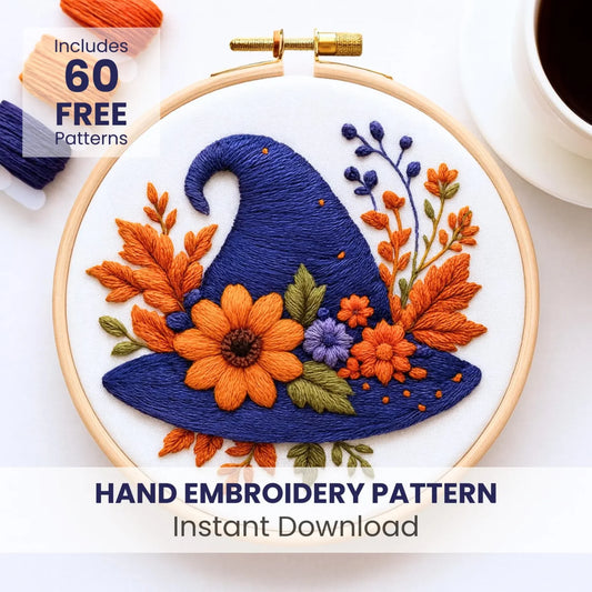Witchy Hat Embroidery Pattern,PDF Template, Floral Witch Hat Embroidery, Spooky Embroidery Design, Halloween Embroidery, Handmade Wall decor