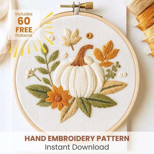 White Pumpkin Embroidery Pattern (PDF Download) | Beginner-Friendly Hand Embroidery Template + Bonus 60 Designs | Instant Digital Download