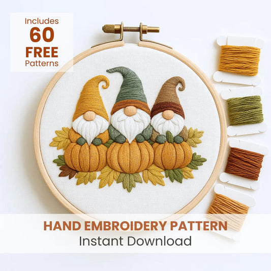 Pumpkin gnomes embroidery pattern PDF, autumn leaves design, farmhouse decor, cozy hoop art template, Scandinavian style hand embroidery