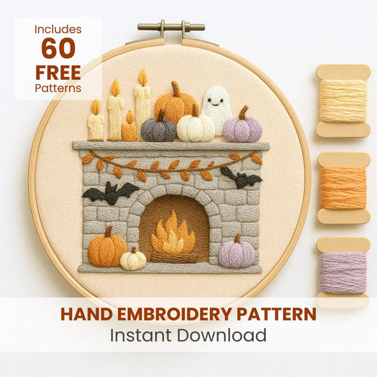 Halloween Fireplace Hand Embroidery Pattern: Ghost, Pumpkin, Bats (PDF)