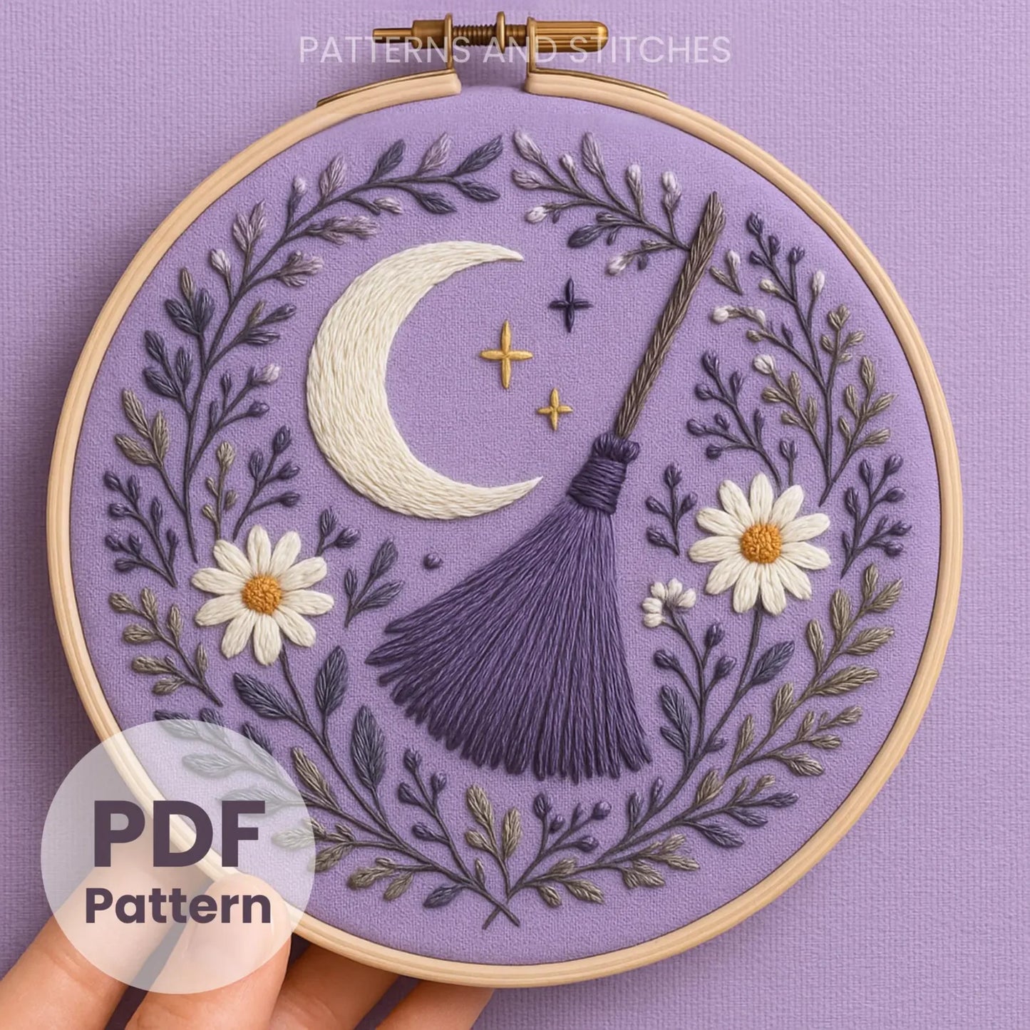 Floral Witch Broom and Moon Hand Embroidery Pattern: Witchy Embroidery Pattern, Halloween crafts, Instant Download