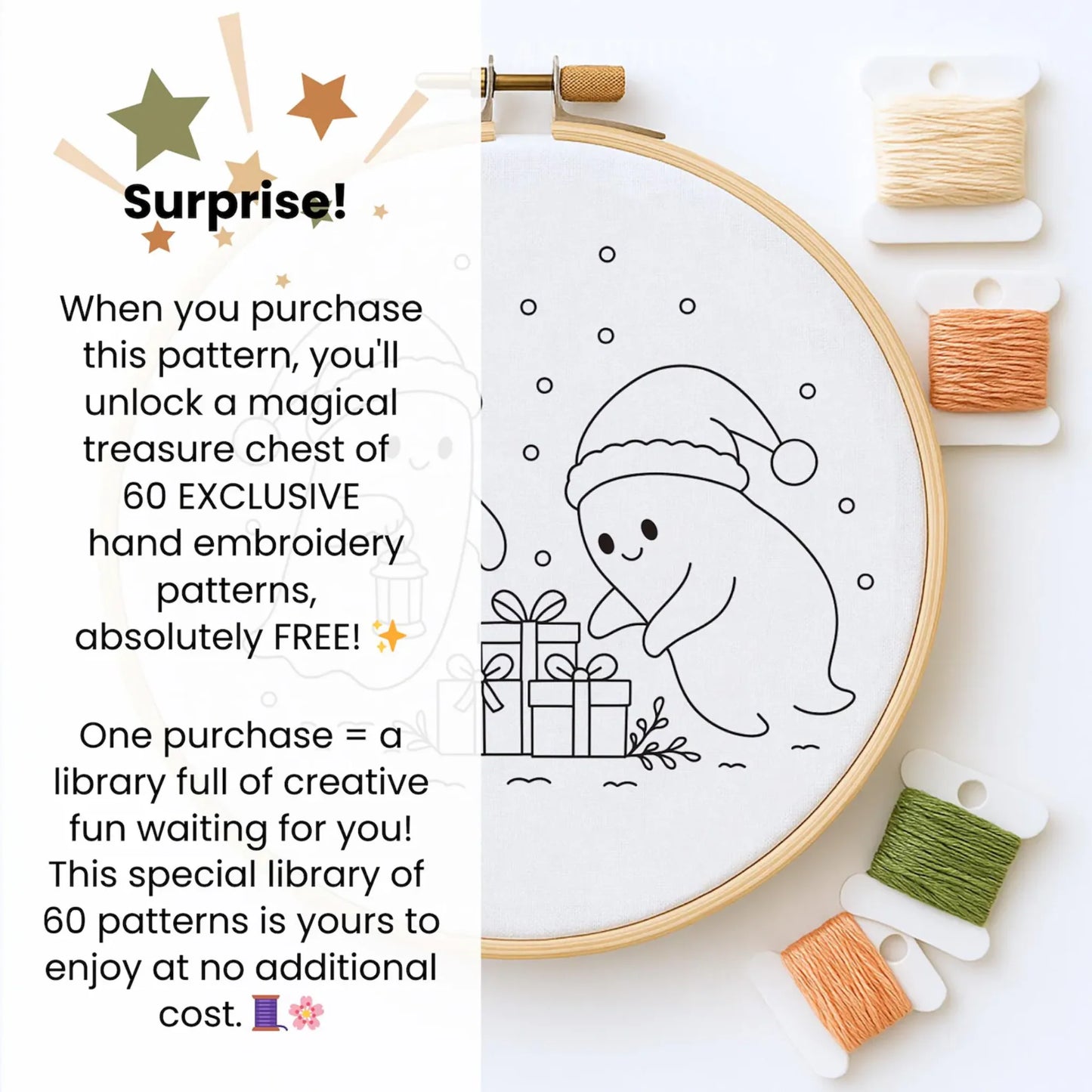 Cozy Christmas Ghosts Hand Embroidery Pattern: Holiday Stitch, idea gift (PDF Pattern)