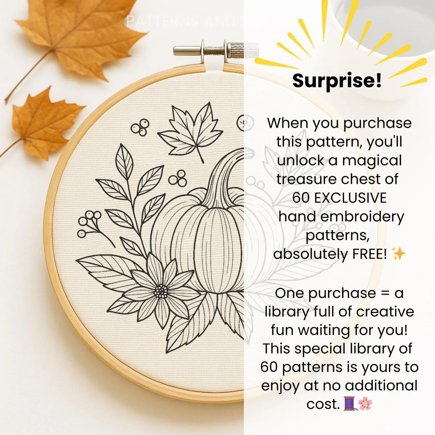 White Pumpkin Embroidery Pattern (PDF Download) | Beginner-Friendly Hand Embroidery Template + Bonus 60 Designs | Instant Digital Download