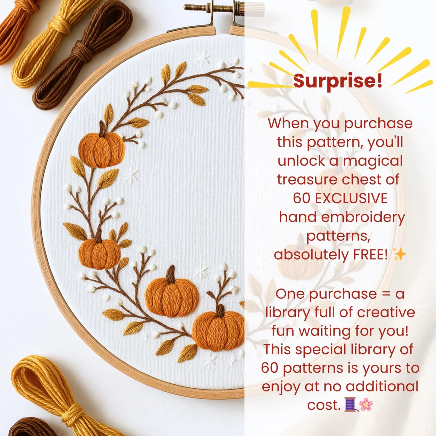 Pumpkins Wreath Hand Embroidery Pattern: Autumn Witchy Design (DIY PDF) + 60 FREE Patterns