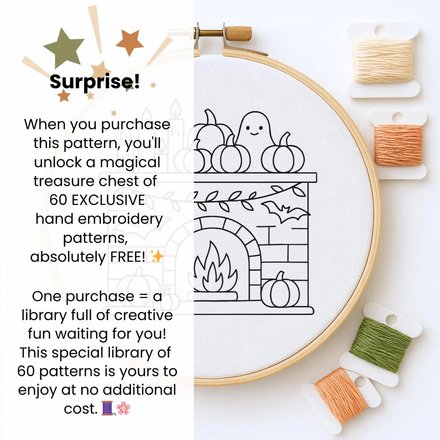 Halloween Fireplace Hand Embroidery Pattern: Ghost, Pumpkin, Bats (PDF)