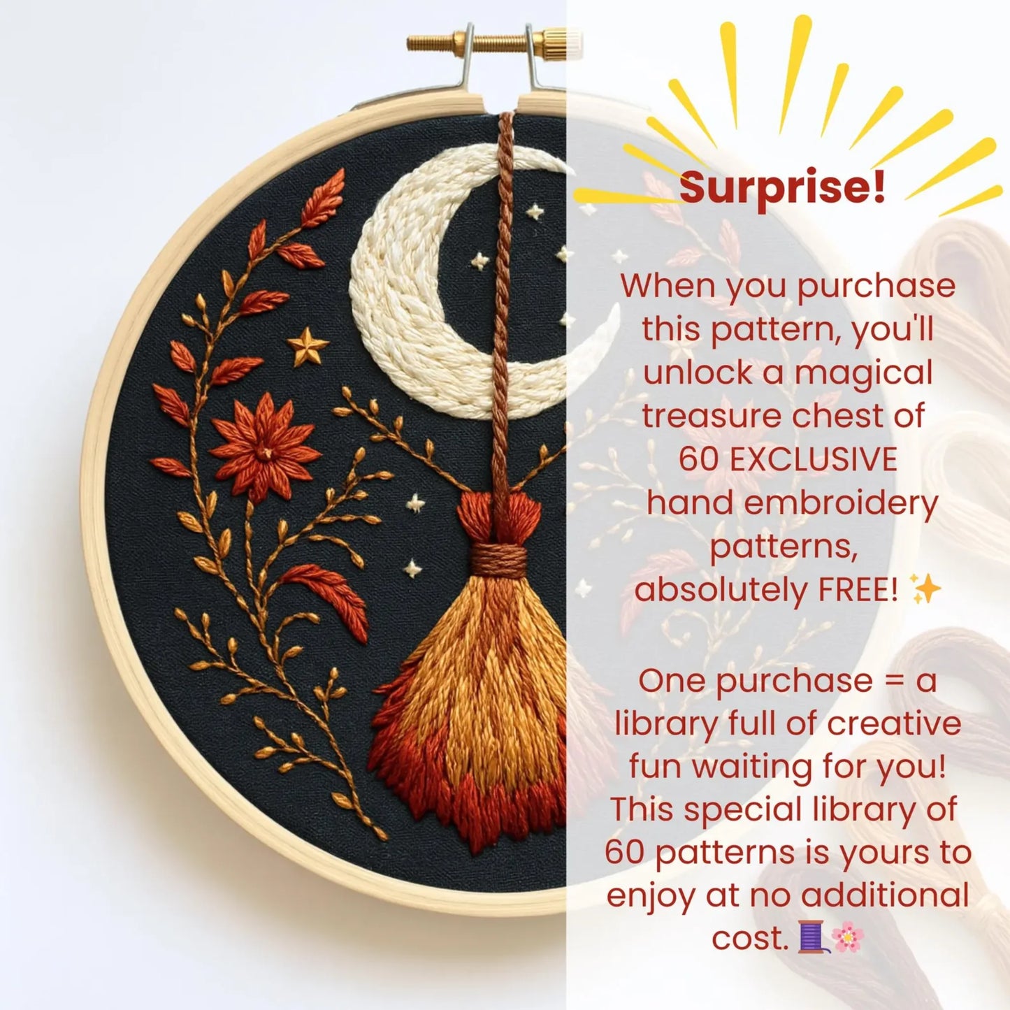 Witch Broom and Moon, Hand Embroidery Pattern, Witchy Embroidery Pattern, Halloween crafts, Embroidery Pattern PDF pattern, Digital Download
