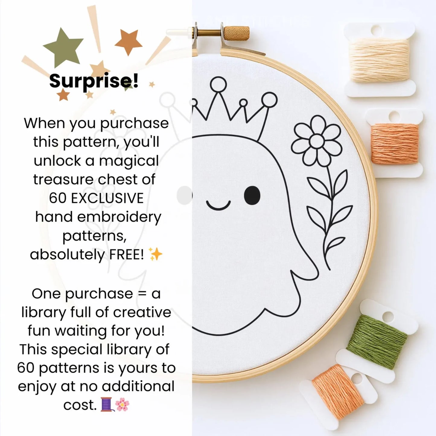 Cute Queen Ghost Embroidery Template – Witchy Halloween PDF Pattern for Beginners | Modern Hand Embroidery Digital Download (6 Sizes + Free 60 Bonus Designs)