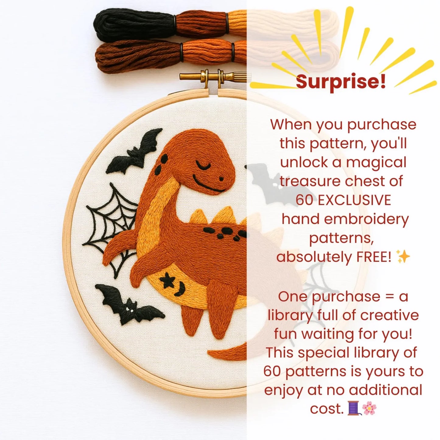 Brontosaurus embroidery pattern PDF, spooky bats and webs, beginner hoop art, digital design, kids wall decor, fall holiday dinosaur motif