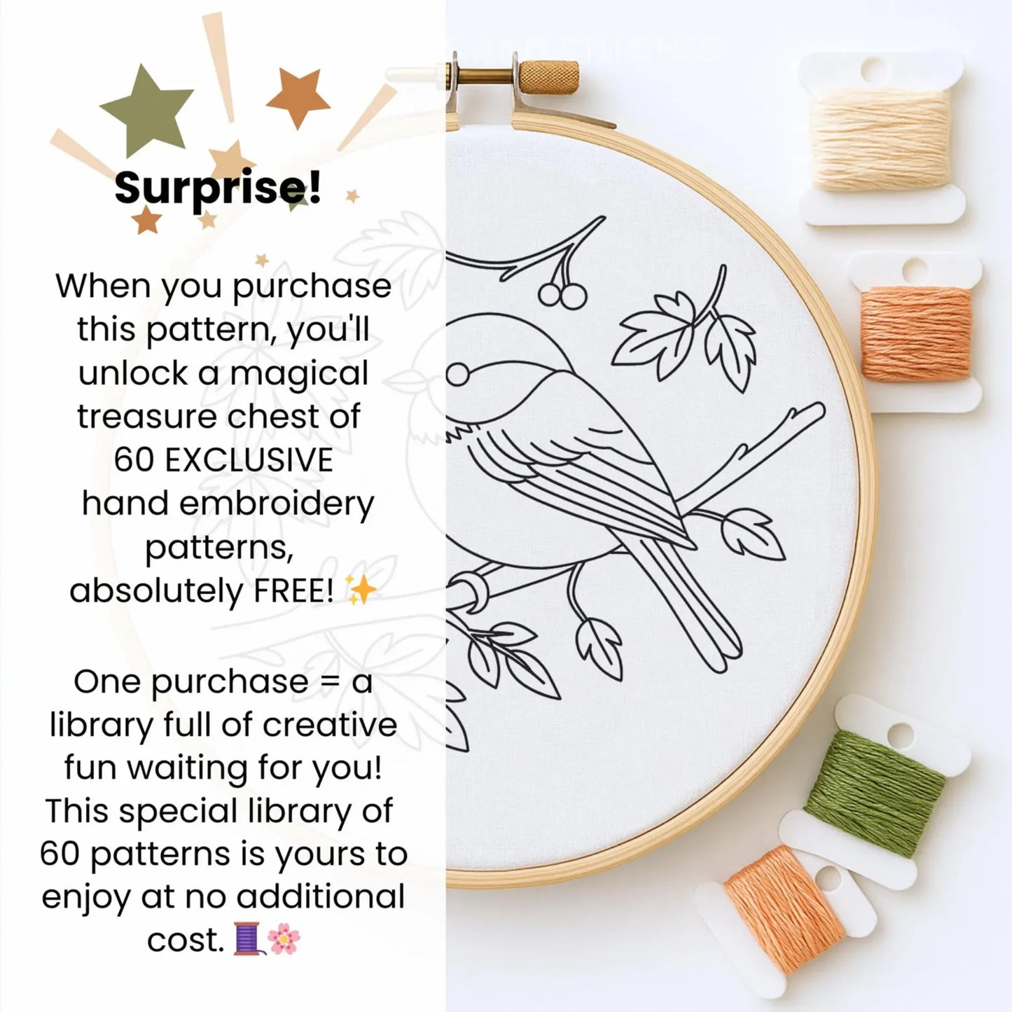 Chickadee Bird Embroidery Pattern: Winter Wreath Design, Autumn crafts (PDF Downloadable Template)