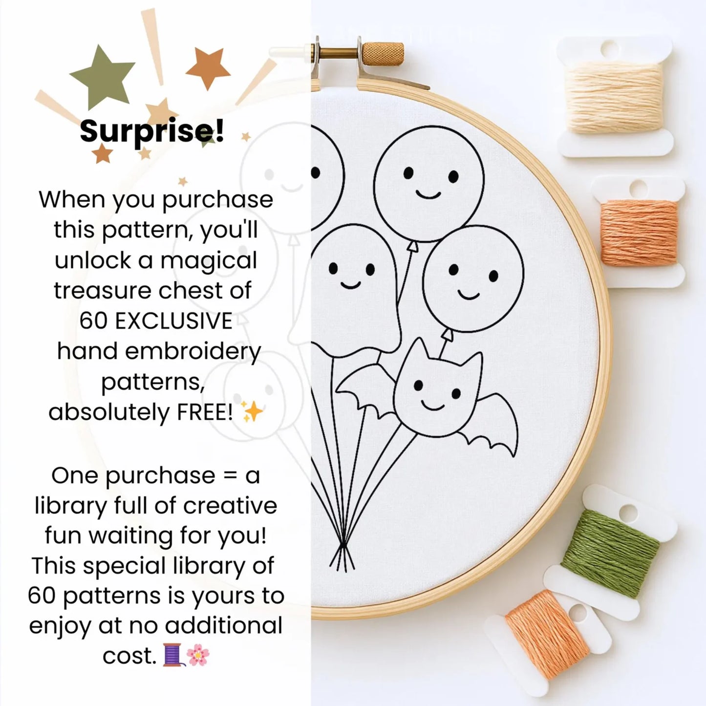 π Spooky Balloons Embroidery Template (PDF Pattern) | Beginner-Friendly Hand Embroidery Sampler | Instant Digital Download