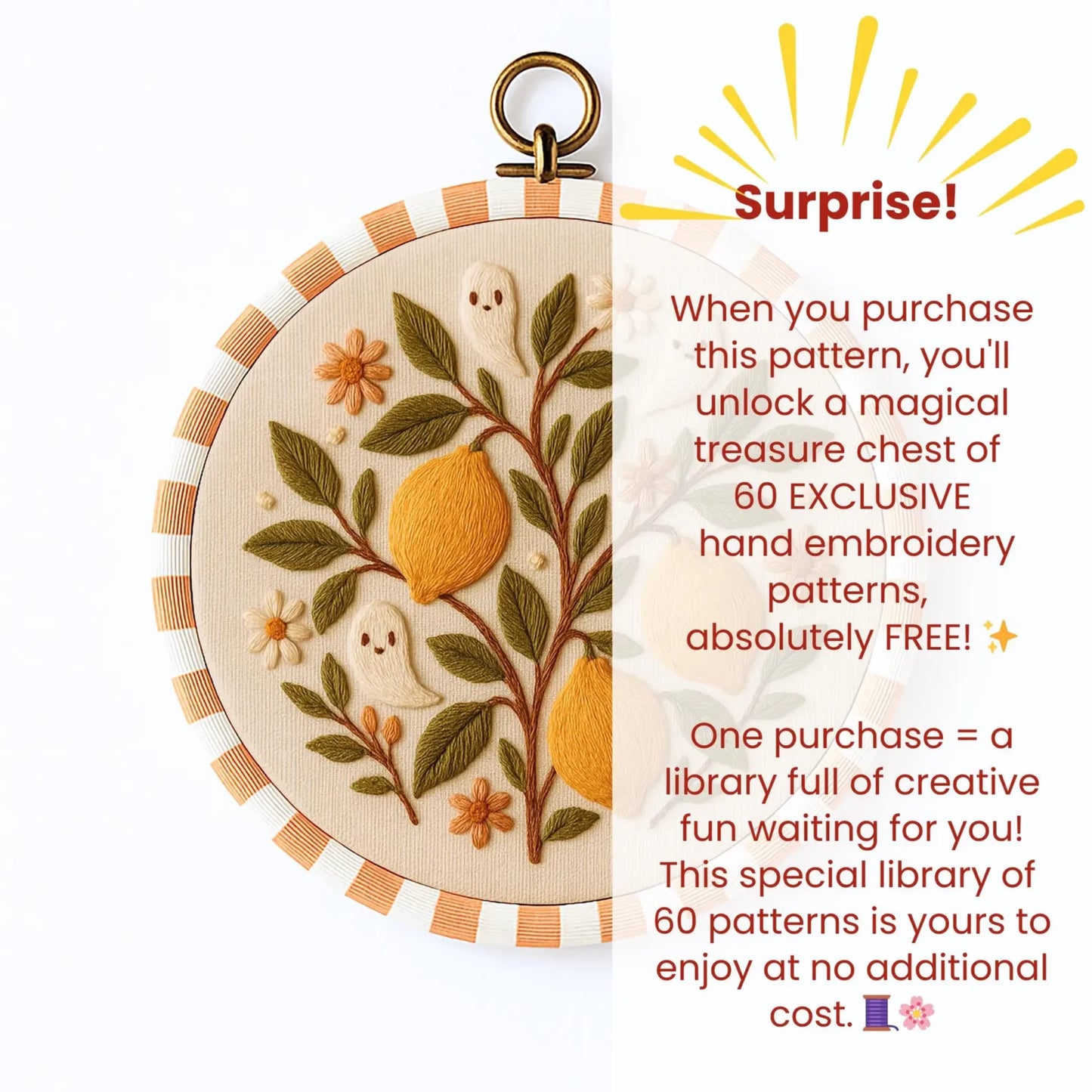 Lemon Branch Embroidery Pattern with Ghosts: Citrus Floral Design (PDF Download