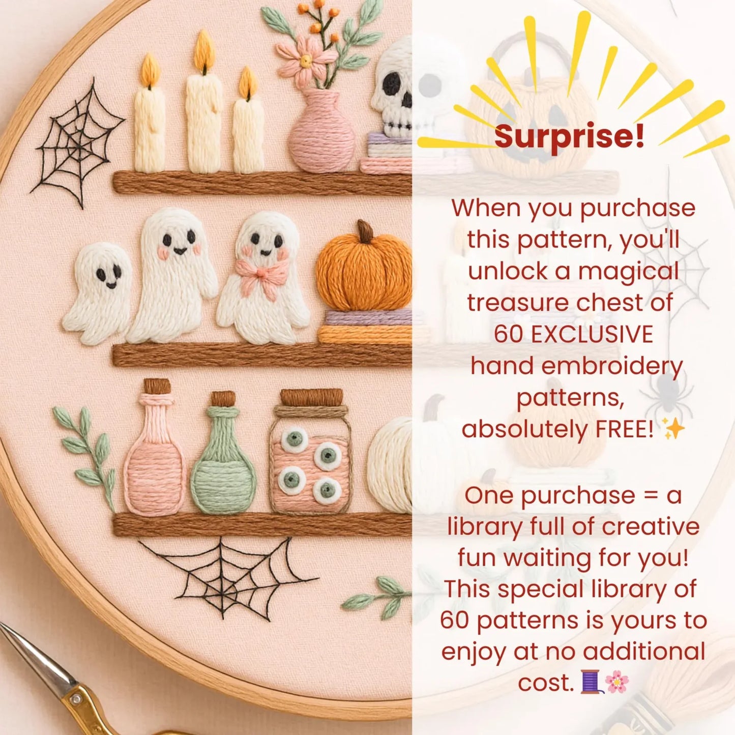 Halloween Embroidery Pattern: Spooky Bookshelf Scene, Instant Download (PDF file, 6 Sizes)