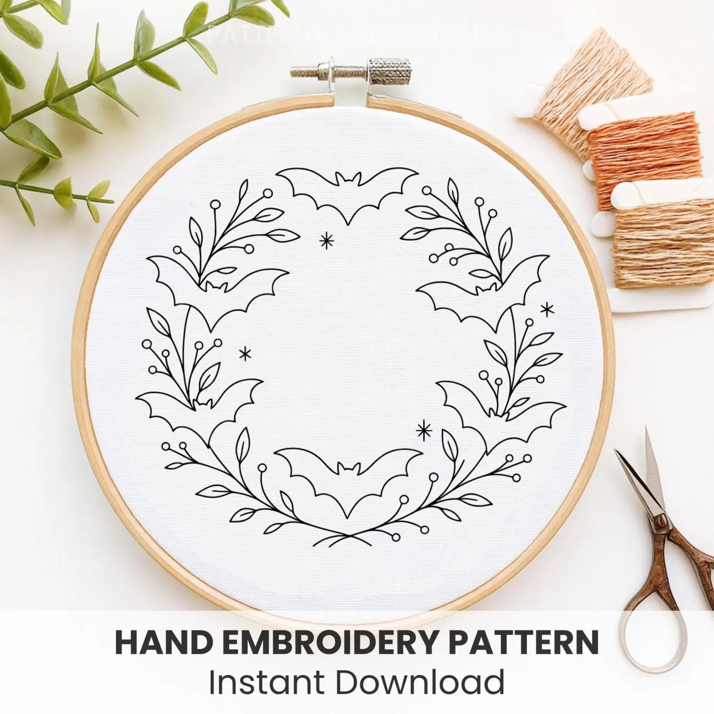 Bats Wreath Hand Embroidery Pattern: Halloween Witchy Design (PDF Pattern)