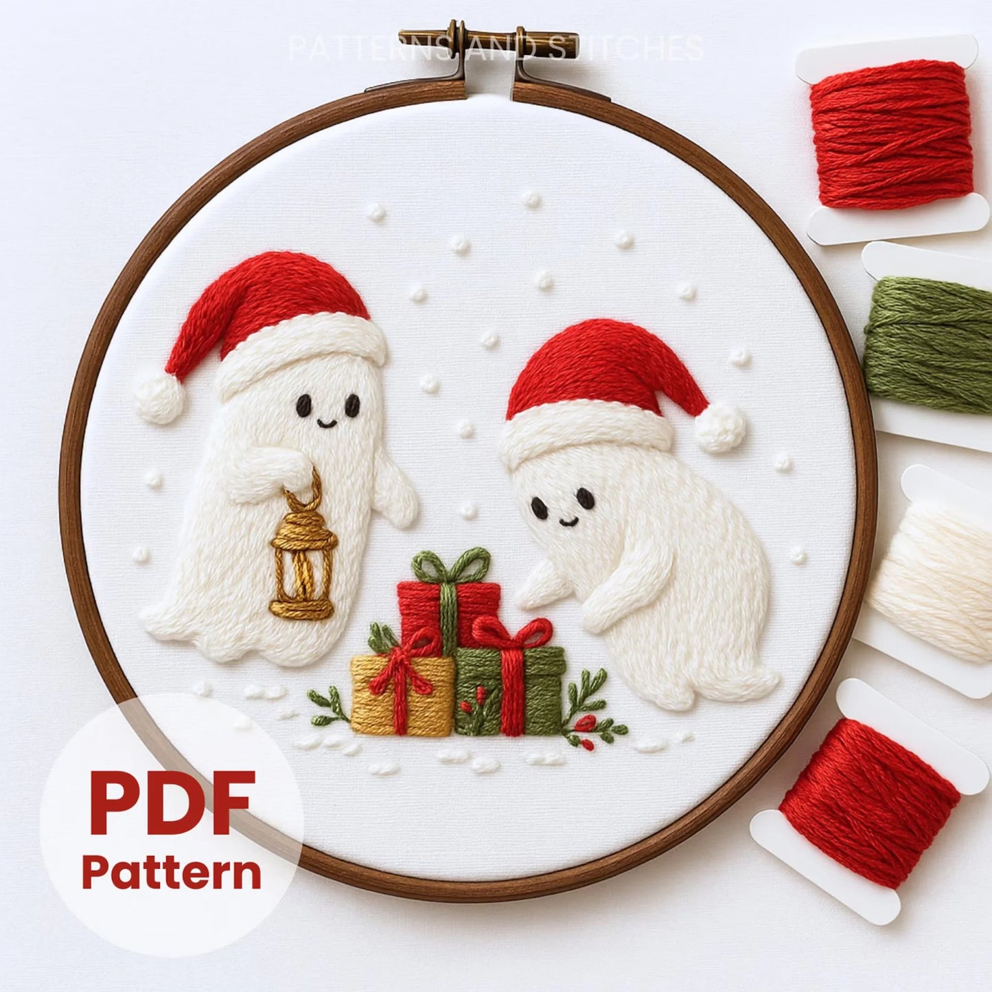 Cozy Christmas Ghosts Hand Embroidery Pattern: Holiday Stitch, idea gift (PDF Pattern)