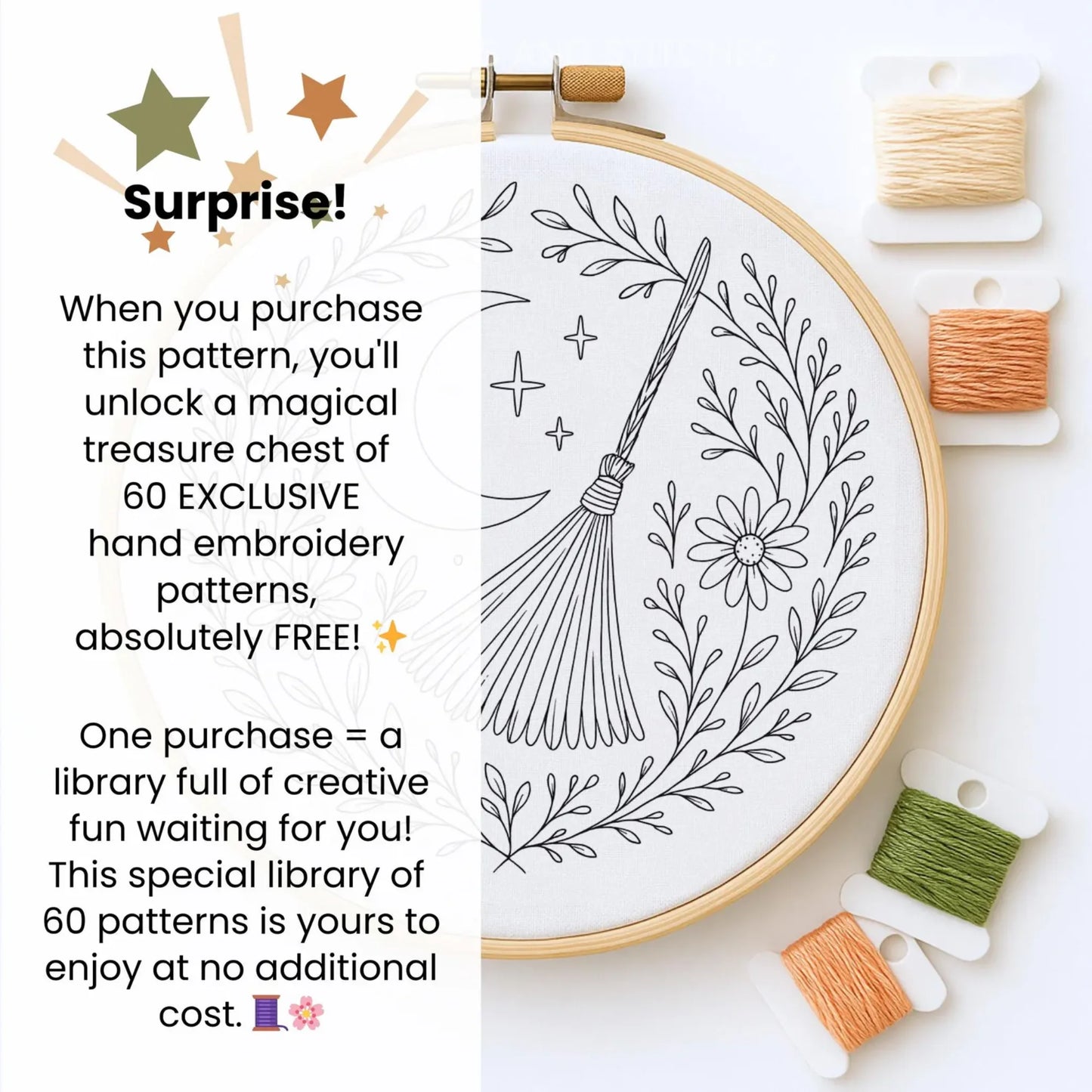 Floral Witch Broom and Moon Hand Embroidery Pattern: Witchy Embroidery Pattern, Halloween crafts, Instant Download