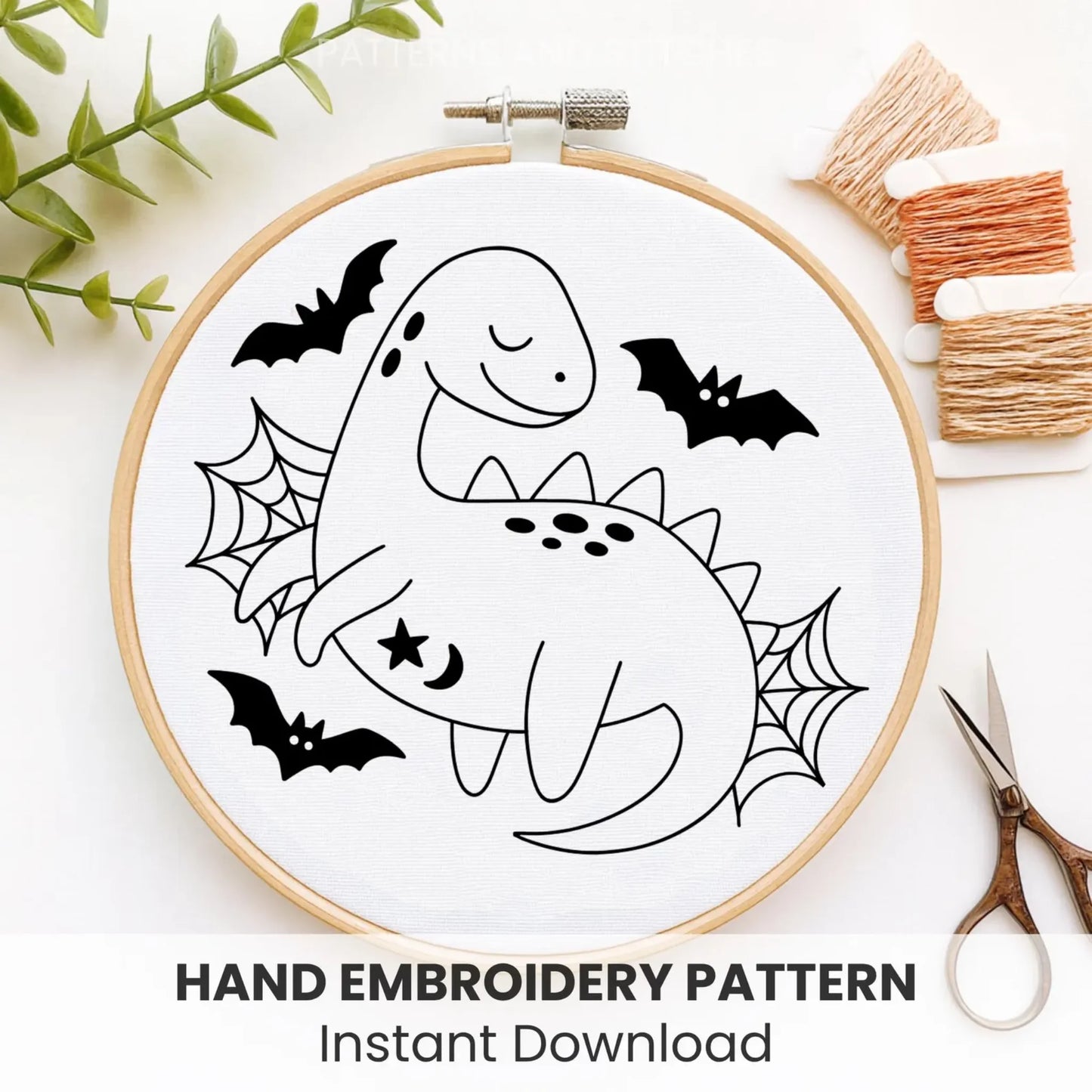 Brontosaurus embroidery pattern PDF, spooky bats and webs, beginner hoop art, digital design, kids wall decor, fall holiday dinosaur motif