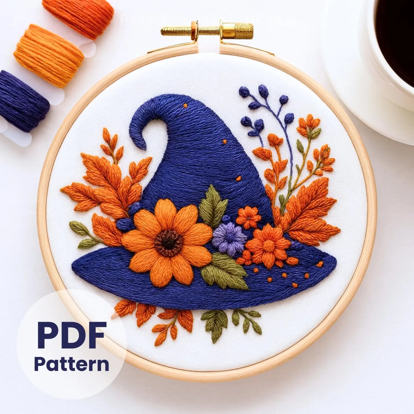 Witchy Hat Embroidery Pattern,PDF Template, Floral Witch Hat Embroidery, Spooky Embroidery Design, Halloween Embroidery, Handmade Wall decor