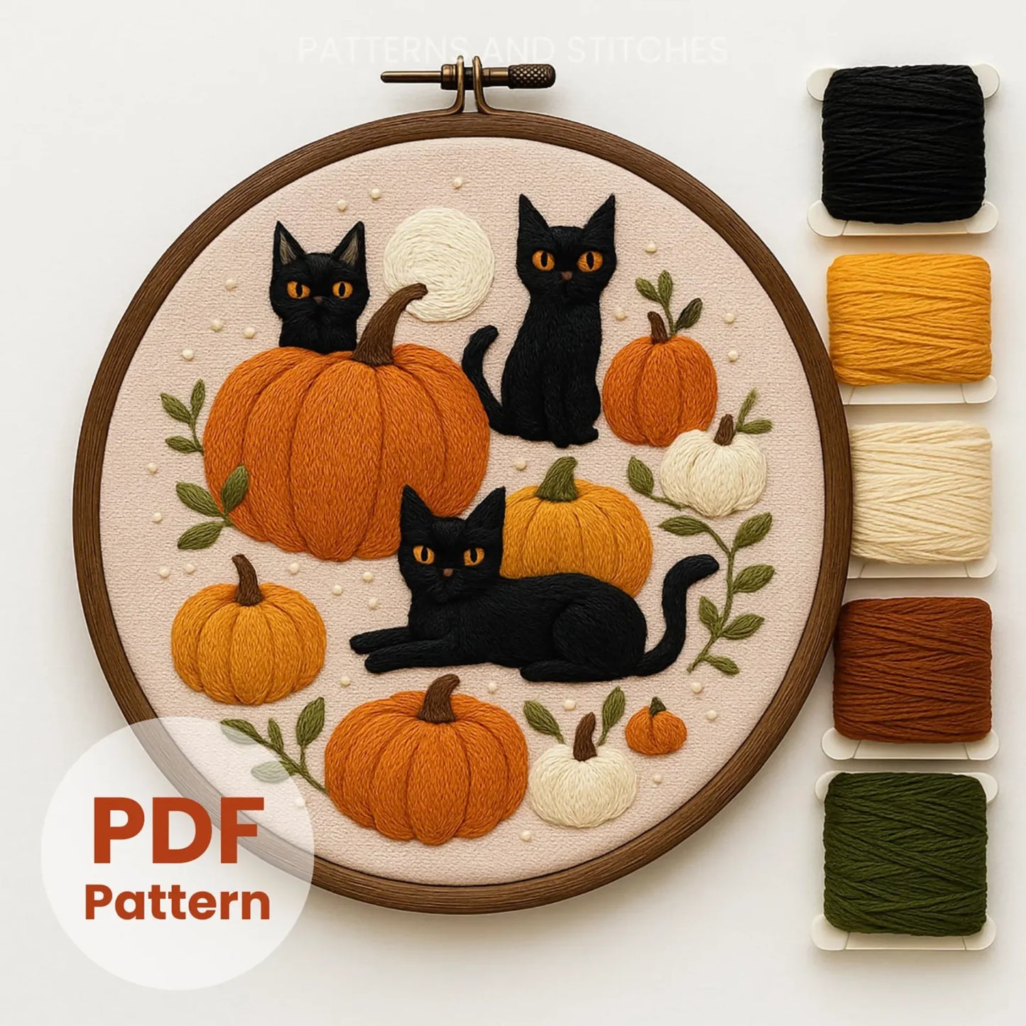Cat Halloween Embroidery Pattern: Spooky Pumpkins Decor (PDF Pattern)