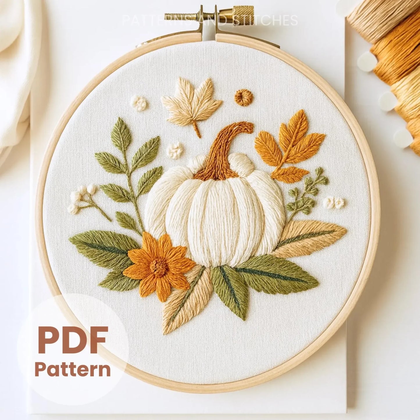 White Pumpkin Embroidery Pattern (PDF Download) | Beginner-Friendly Hand Embroidery Template + Bonus 60 Designs | Instant Digital Download