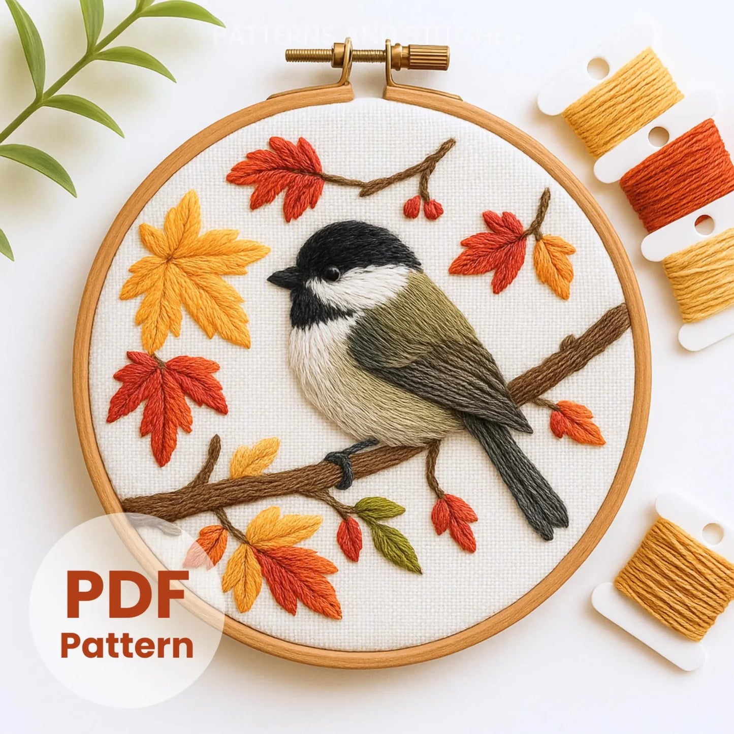 Chickadee Bird Embroidery Pattern: Winter Wreath Design, Autumn crafts (PDF Downloadable Template)