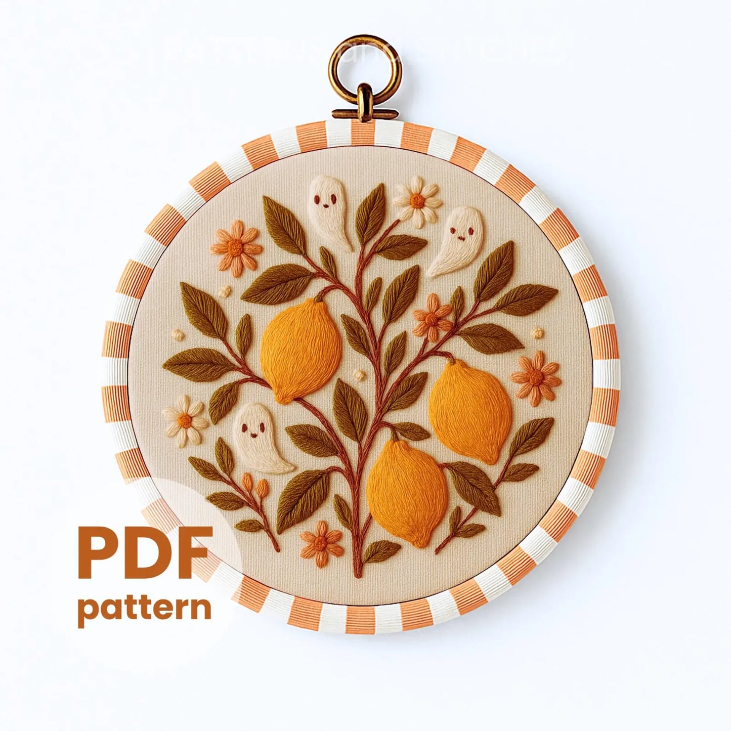 Lemon Branch Embroidery Pattern with Ghosts: Citrus Floral Design (PDF Download