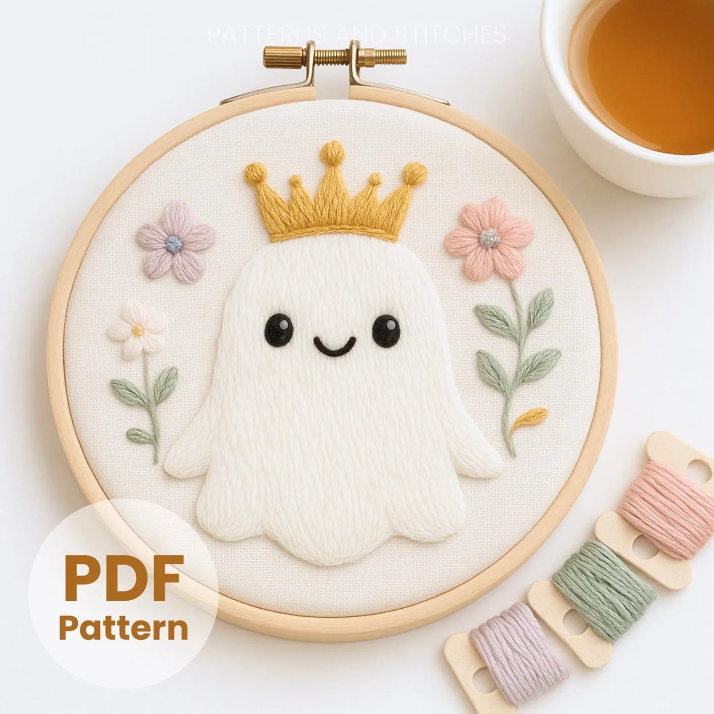 Cute Queen Ghost Embroidery Template – Witchy Halloween PDF Pattern for Beginners | Modern Hand Embroidery Digital Download (6 Sizes + Free 60 Bonus Designs)