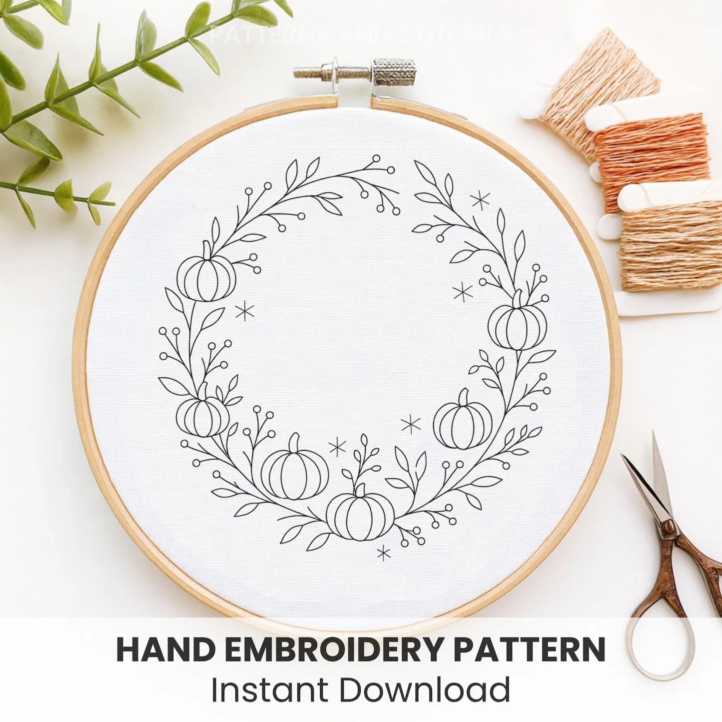 Pumpkins Wreath Hand Embroidery Pattern: Autumn Witchy Design (DIY PDF) + 60 FREE Patterns