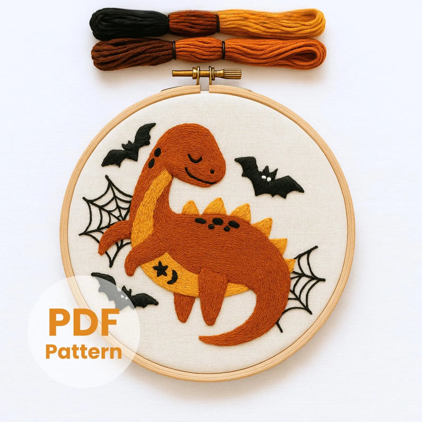 Brontosaurus embroidery pattern PDF, spooky bats and webs, beginner hoop art, digital design, kids wall decor, fall holiday dinosaur motif