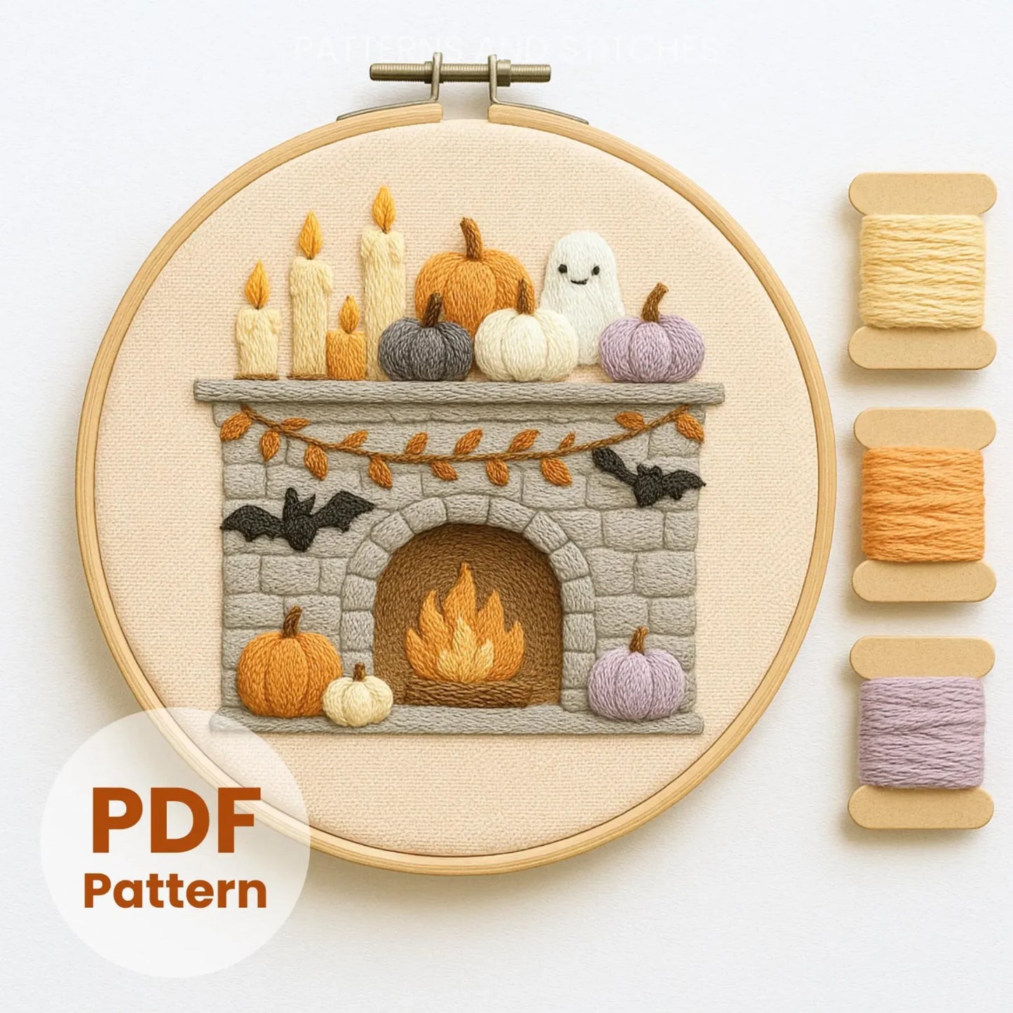 Halloween Fireplace Hand Embroidery Pattern: Ghost, Pumpkin, Bats (PDF)
