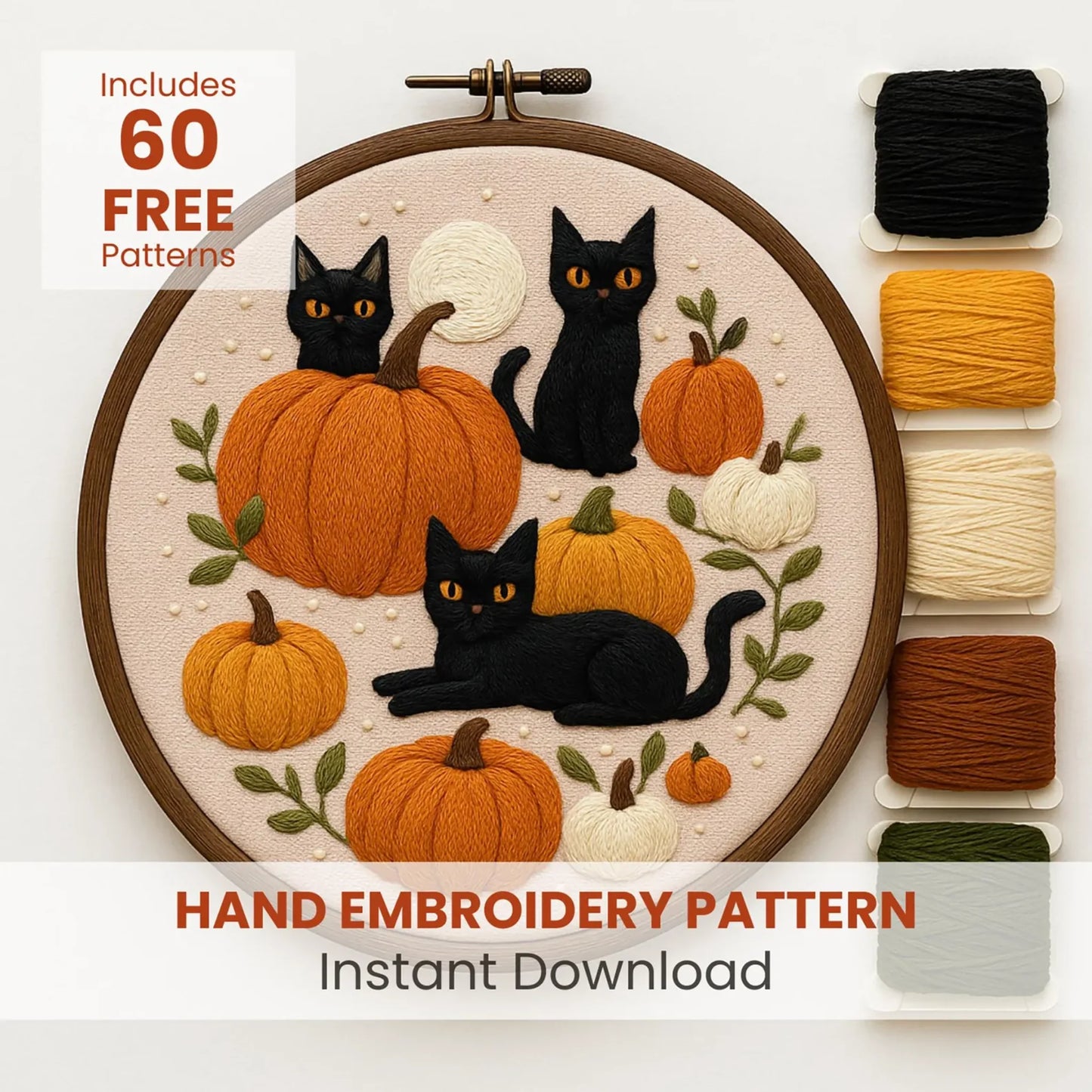 Cat Halloween Embroidery Pattern: Spooky Pumpkins Decor (PDF Pattern)