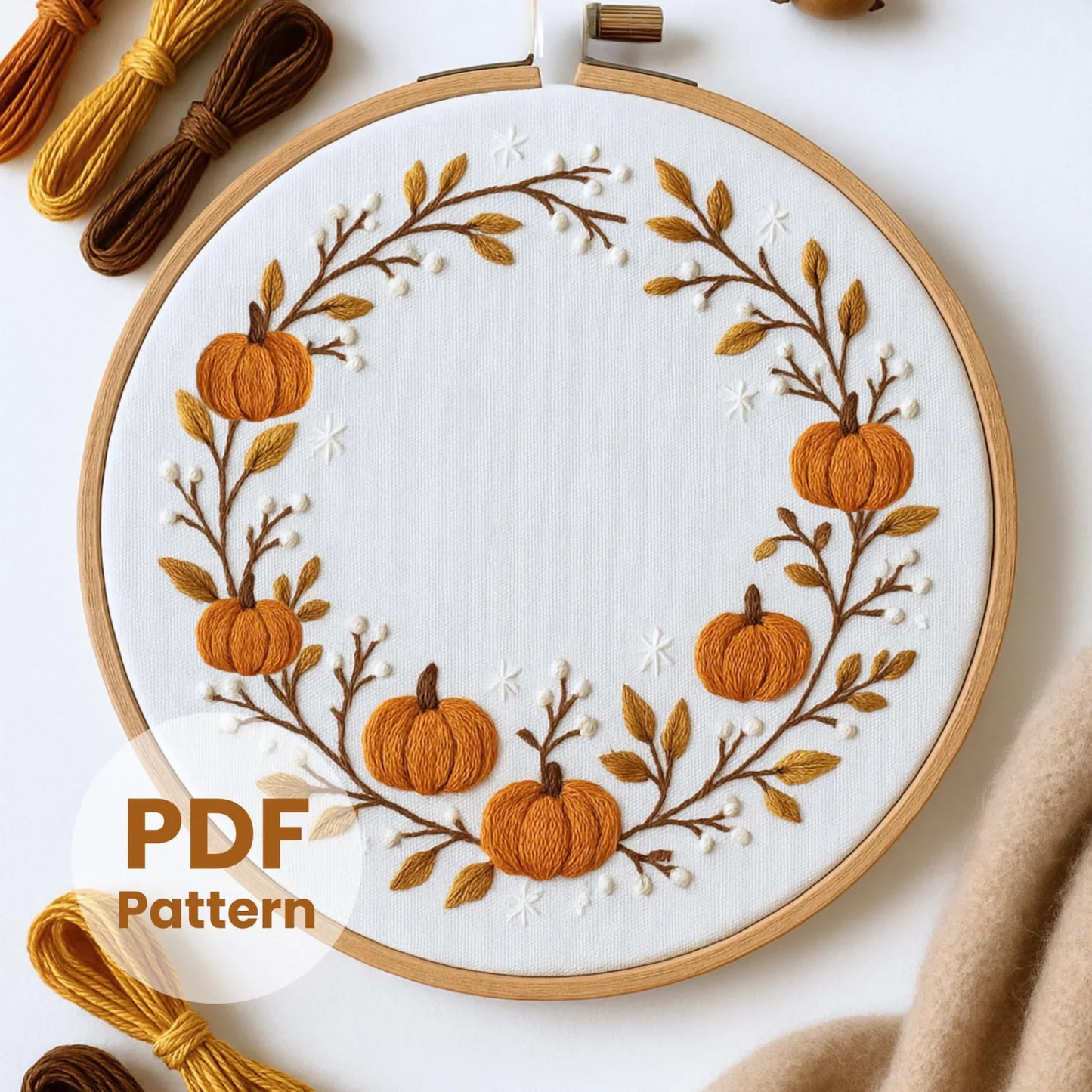 Pumpkins Wreath Hand Embroidery Pattern: Autumn Witchy Design (DIY PDF) + 60 FREE Patterns