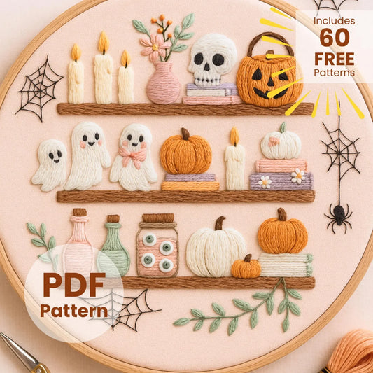Halloween Embroidery Pattern: Spooky Bookshelf Scene, Instant Download (PDF file, 6 Sizes)