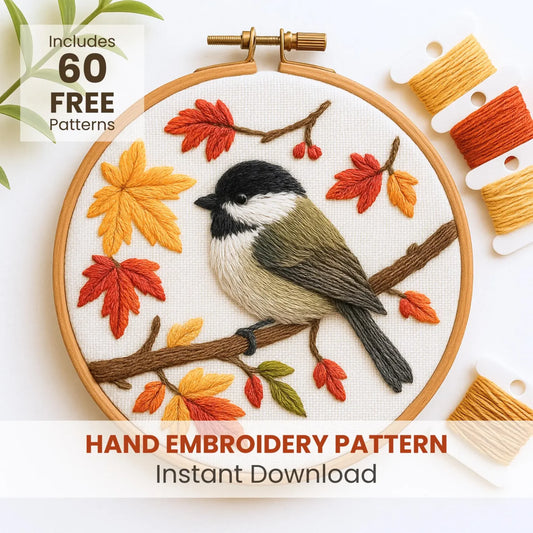 Chickadee Bird Embroidery Pattern: Winter Wreath Design, Autumn crafts (PDF Downloadable Template)