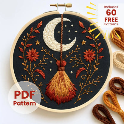 Witch Broom and Moon, Hand Embroidery Pattern, Witchy Embroidery Pattern, Halloween crafts, Embroidery Pattern PDF pattern, Digital Download