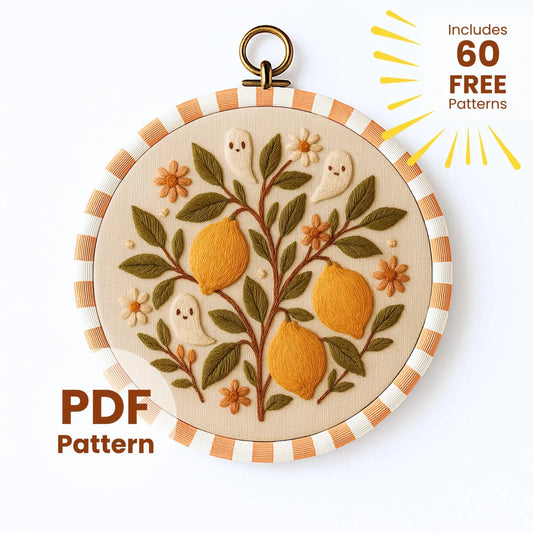 Lemon Branch Embroidery Pattern with Ghosts: Citrus Floral Design (PDF Download